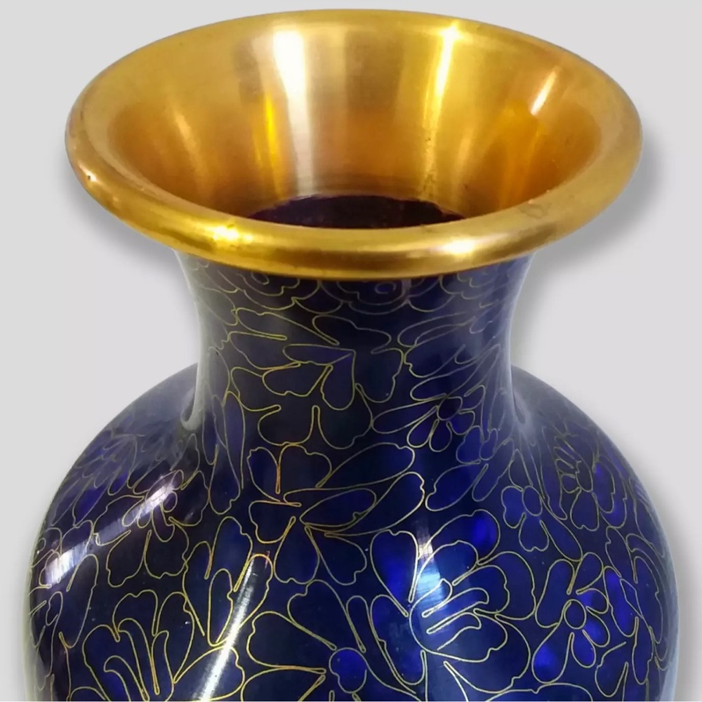Vtg Asian cloisonné cobalt navy blue champleve enamel vases 10 1/4 in tall Pair - Picture 3 of 12
